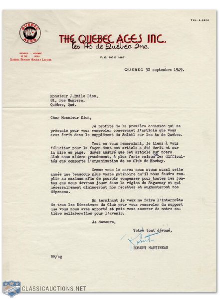 1949 Quebec Aces Signed Hockey Letter