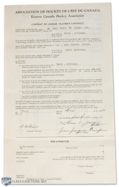 1930-31 E.C.H.A. J.J. Toupin Signed Contract