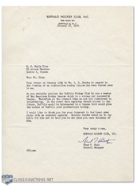 1954 Buffalo Hockey Club Signed Letter by F. Hunt