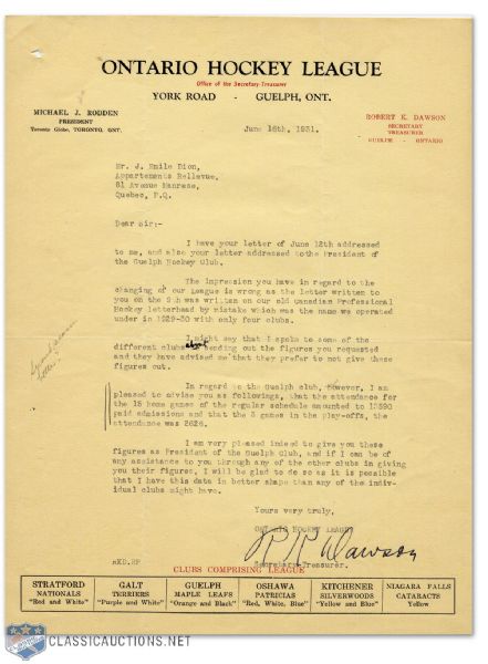 1931 O.H.L. Signed Letter Robert K. Dawson