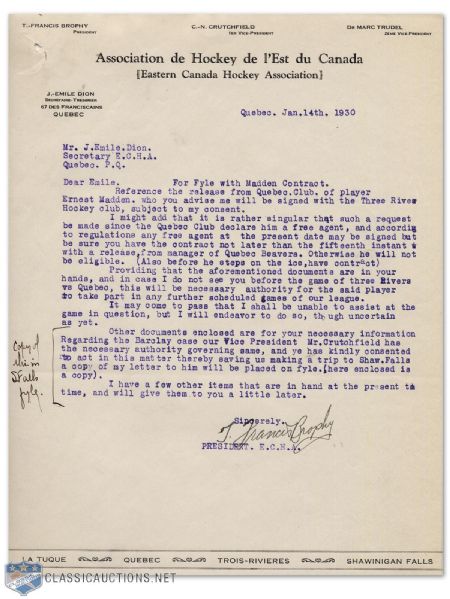 1930 T.F. Brophy President ECHA Signed Hockey Letter
