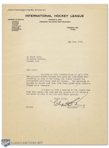 1931 Charles S.King President IHL Signed Hockey Letter