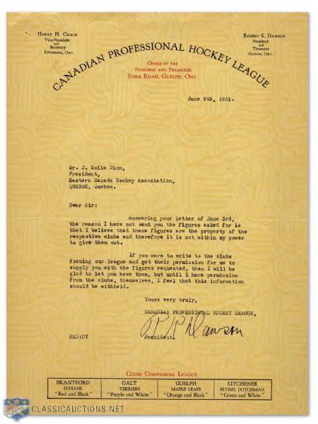 1931 Robert Dawson President Signed CPHL Hockey Letter