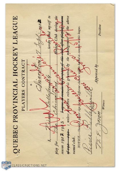 1922-23 Chicoutimi Pierre Bellefeuille Hockey Contract