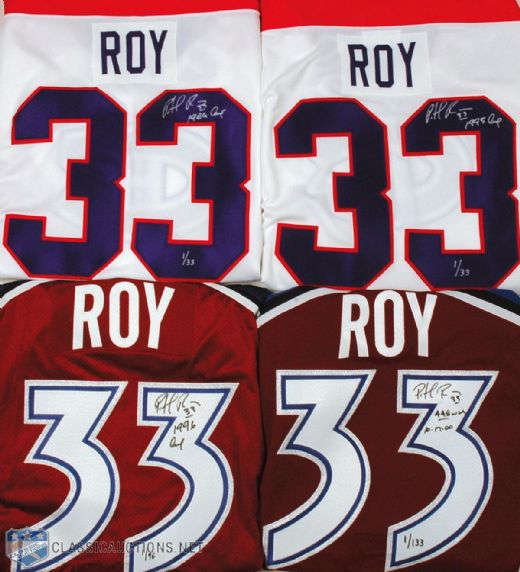 Patrick Roy Game Used Colorado Avalanche Goalie Stick, Plus Signed Jersey Collection of 4