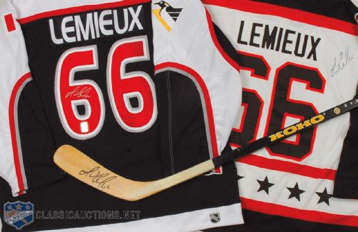 Mario Lemieux Signed Jersey Collection of 2, Featuring 1993 All-Star Jersey, Plus Autographed Stick