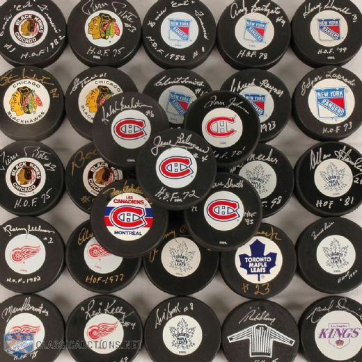Hockey Hall-of-Famers and Legends Signed Puck Collection of 30