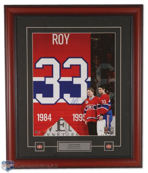 Two Carey Price Autographed Patrick Roy Retirement Night Framed Photographs - 1/131!