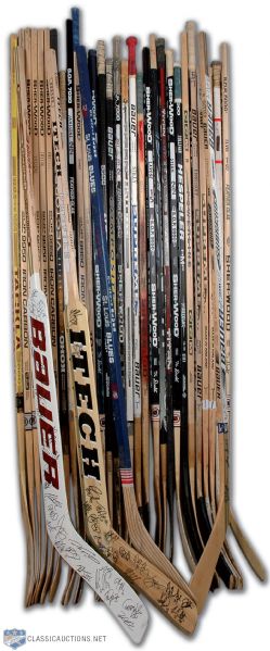 Hockey Stick Collection of 33, Including Sutter Brothers Autographed Stick