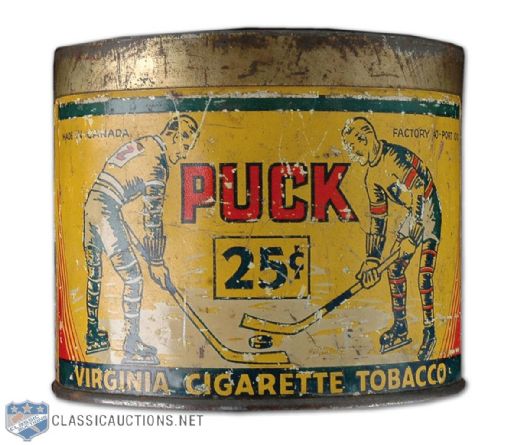 Circa 1920s Puck Tobacco Cigarette Can with Hockey Graphics