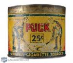 Circa 1920s Puck Tobacco Cigarette Can with Hockey Graphics