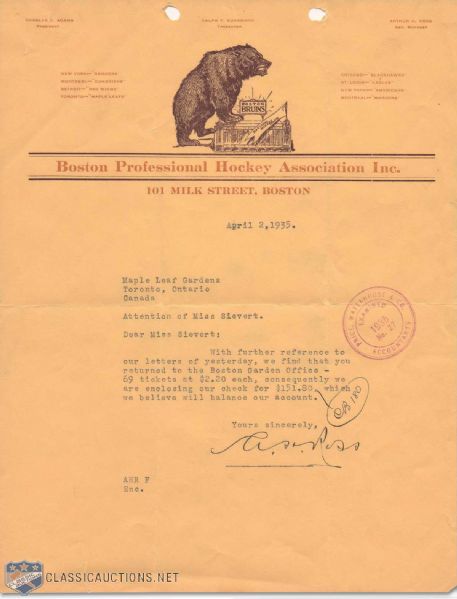 1935 Art Ross-Autographed Letter on Boston Bruins Stationery