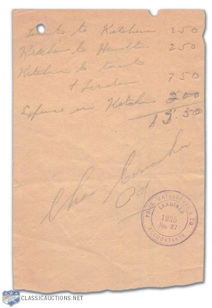 1935 Charlie Conacher-Autographed Expense Receipt