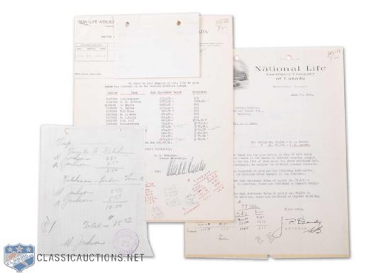 Harvey "Busher" Jackson 1935 Triple-Signed Receipt Plus 1941 Toronto Maple Leafs Insurance Policies Documents