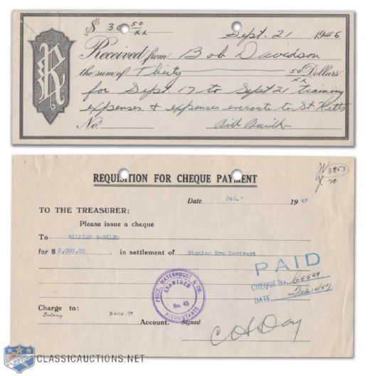 1946 Bill Barilko-Autographed Rookie Year Expense Receipt, Plus Barilko Signing Bonus Cheque Requisition Signed by Hap Day