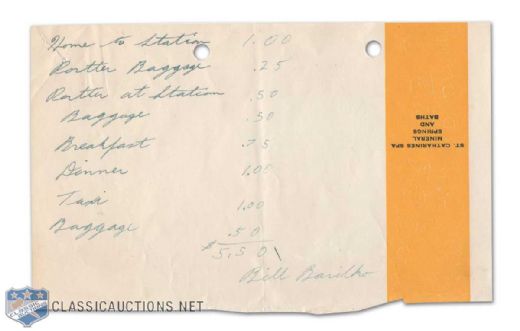1946 Bill Barilko-Autographed Rookie Year Expense List