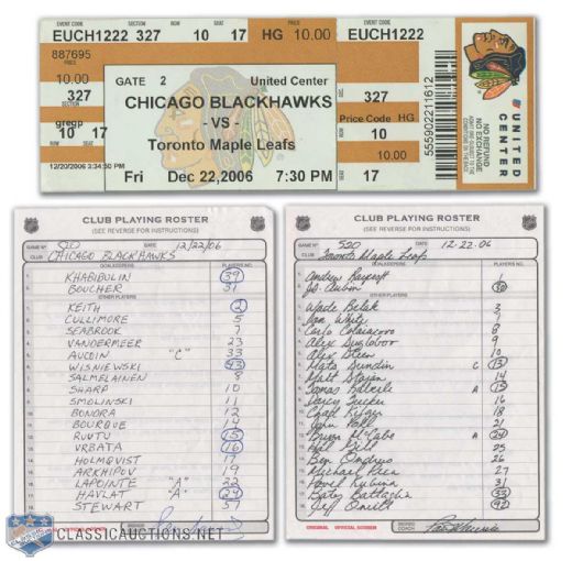 Peter Bondras 500th Goal Memorabilia, Collection of 3, Featuring Original NHL Official Scorers Chicago and Toronto Milestone Game Rosters