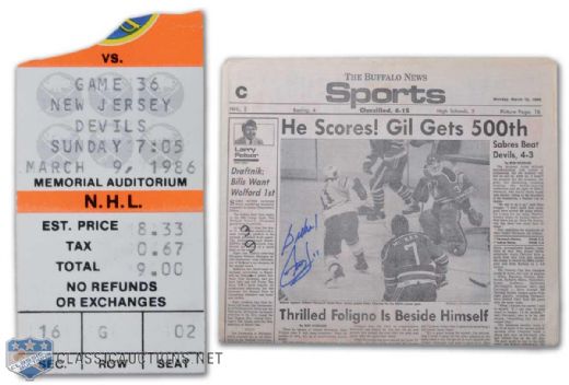 Gilbert Perreaults 500th Goal Memorabilia, Collection of 2, Including Buffalo News Sports Section Signed by Perreault and Milestone Game Ticket Stub