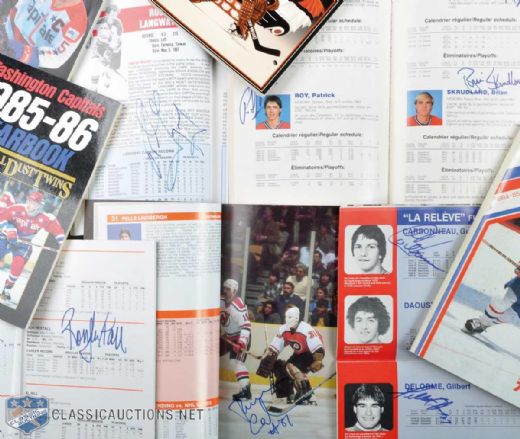 1980s Montreal Canadiens, Philadelphia Flyers & Washington Capitals Signed Media Guide Collection of 14 Including Pelle Lindbergh, Patrick Roy, Rod Langway & Scott Stevens