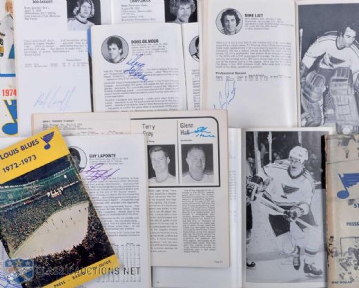 St. Louis Blues Signed Media Guide Collection of 30 Featuring Hall, Bowman, Arbour, the Plager brothers, Gassoff, Wickenheiser, Unger, Federko, Liut, Gilmour, Hull & Oates