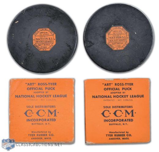 1946-50 Art Ross / CCM Game Puck Collection of 2 with Original CCM Boxes
