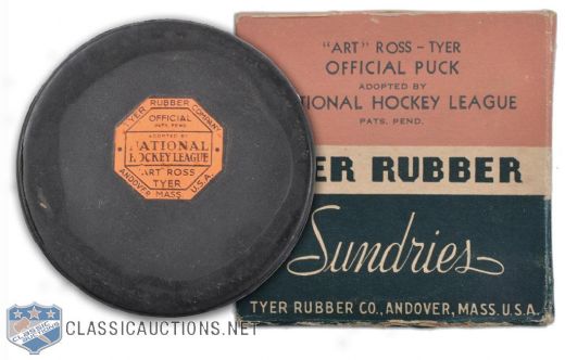 Rare 1942-44 Octagonal Art Ross Tyer Official NHL Game Puck and Box with Andover Marking