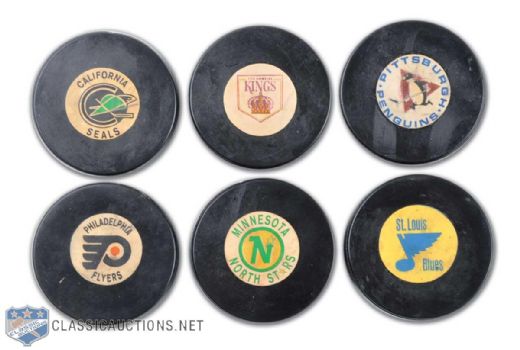 1967-68 Art Ross / Converse Expansion Teams Game Puck Complete Set of 6