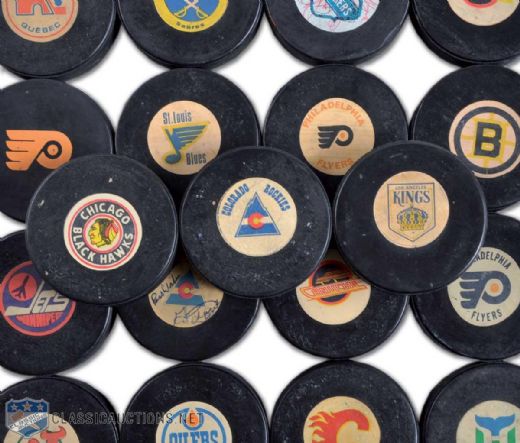 1973-83 Viceroy Rubber Crested Game Pucks Collection of 41
