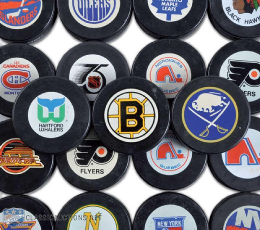 1985-92 InGlasCo Non-Approved Game Pucks Collection of 27