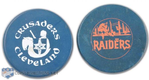1972 New York Raiders & Cleveland Crusaders WHA Blue Biltrite Game Puck Collection of 2