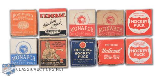 Collection of 10 Vintage Hockey Pucks in Original Boxes