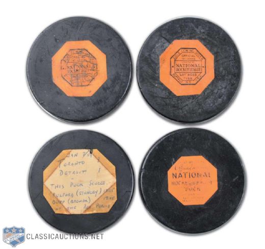 1950s NHL Game Puck Collection of 4 - Including 1959 Toronto Maple Leafs Pulford Duff Goal Puck