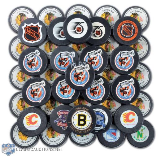 1985-99 Trench & InGlasCo NHL Game Puck Collection of 51
