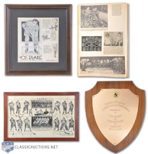 1939 Toe Blake Framed Artwork, Plaque, Scrapbook & Hockey Team Photo