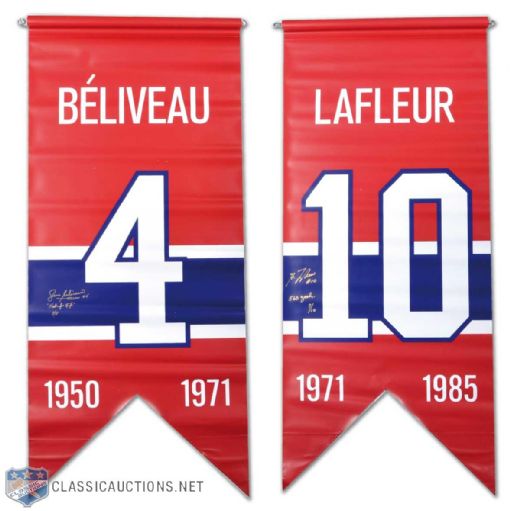 Jean Béliveau & Guy Lafleur Signed Montreal Canadiens Jersey Number Retirement Banner Collection of 2 (47" x 21")