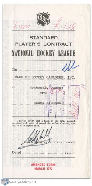 1973-75 Henri Richard Montreal Canadiens NHL Contract Signed by Richard & Campbell