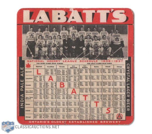 1936-37 Labatts NHL Schedule w/ Toronto Maple Leafs Team Photo