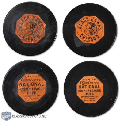 Chicago Black Hawks "Original Six" Game-Used Puck Collection of 2, Including 1958-62 Puck Signed by Bobby Hull