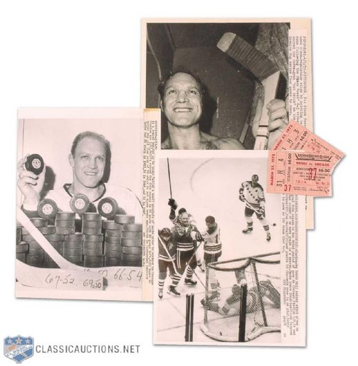 Bobby Hull 600th Goal Ticket Collection of 2, Plus Milestone Wirephoto Collection of 3