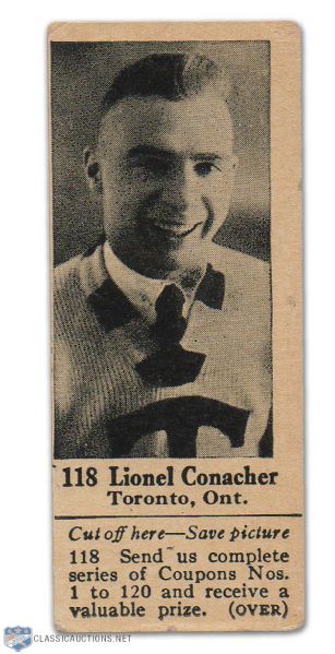 Lionel Conacher 1925 Dominion Chocolate Rookie Card