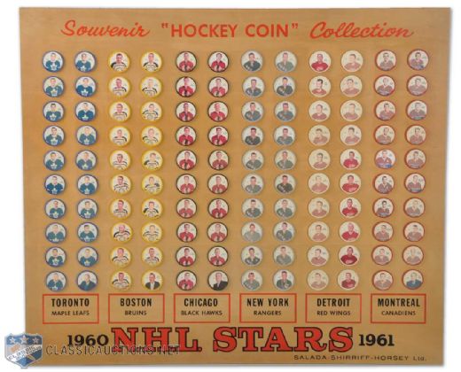 Awesome 1960-61 Shirriff Hockey Coins Complete Set of 120 Wood Display Board (24" x 28")