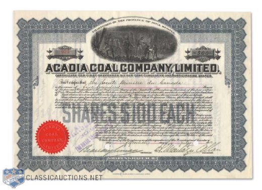 1910 Stock Certificate Signed by Deceased HOFer Sir Montagu Allan