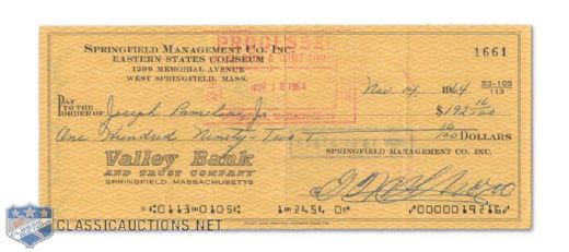 Springfield Management Co. Check Signed by Eddie Shore