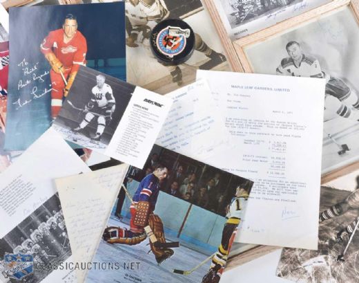Hockey Autograph Collection Including Signed Syl Apps, Ace Bailey & Gordie Howe Pictures & Autographed Orr & Clarke Pucks