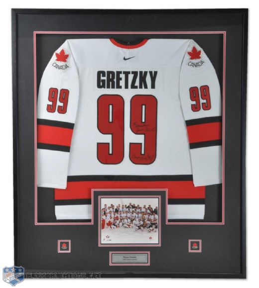 Wayne Gretzky, Mario Lemieux & Joe Sakic Individually Framed Signed 2002 Team Canada Jersey Collection of 3