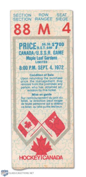 1972 Canada-Russia Summit Series Game Two Ticket Stub