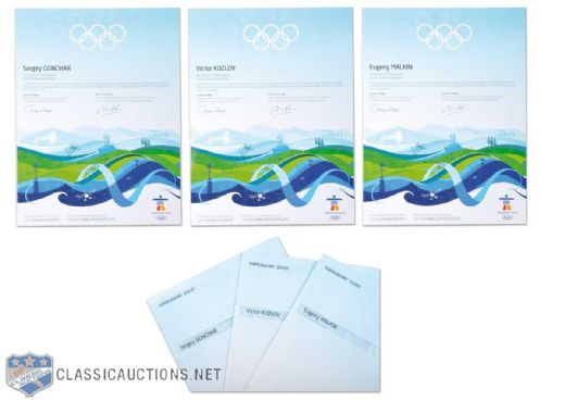 Malkin, Kozlov & Gonchar 2010 Winter Olympics Participation Diplomas