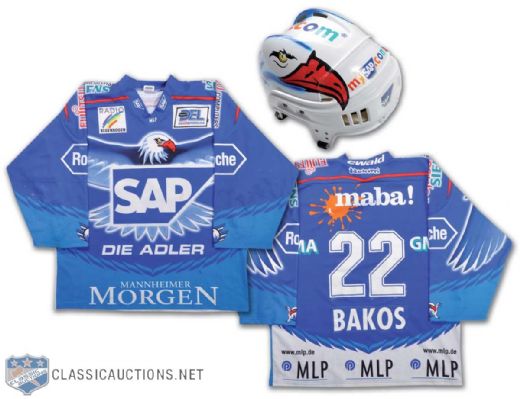 2000s Michael Bakos DEL Mannheim Eagles Game-Worn Jersey & Helmet Collection of 2