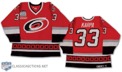 David Karpa Autographed 1999-2000 Carolina Hurricanes Game-Worn Road Jersey, with Raleigh Arena Inaugural Patch