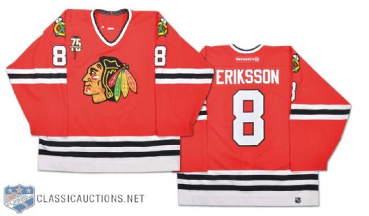 2000-01 Anders Eriksson Chicago Black Hawks Game-Worn Jersey Featuring 75th Anniversary Patch